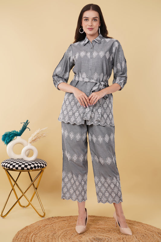 Grey Schiffli Co-ord Set