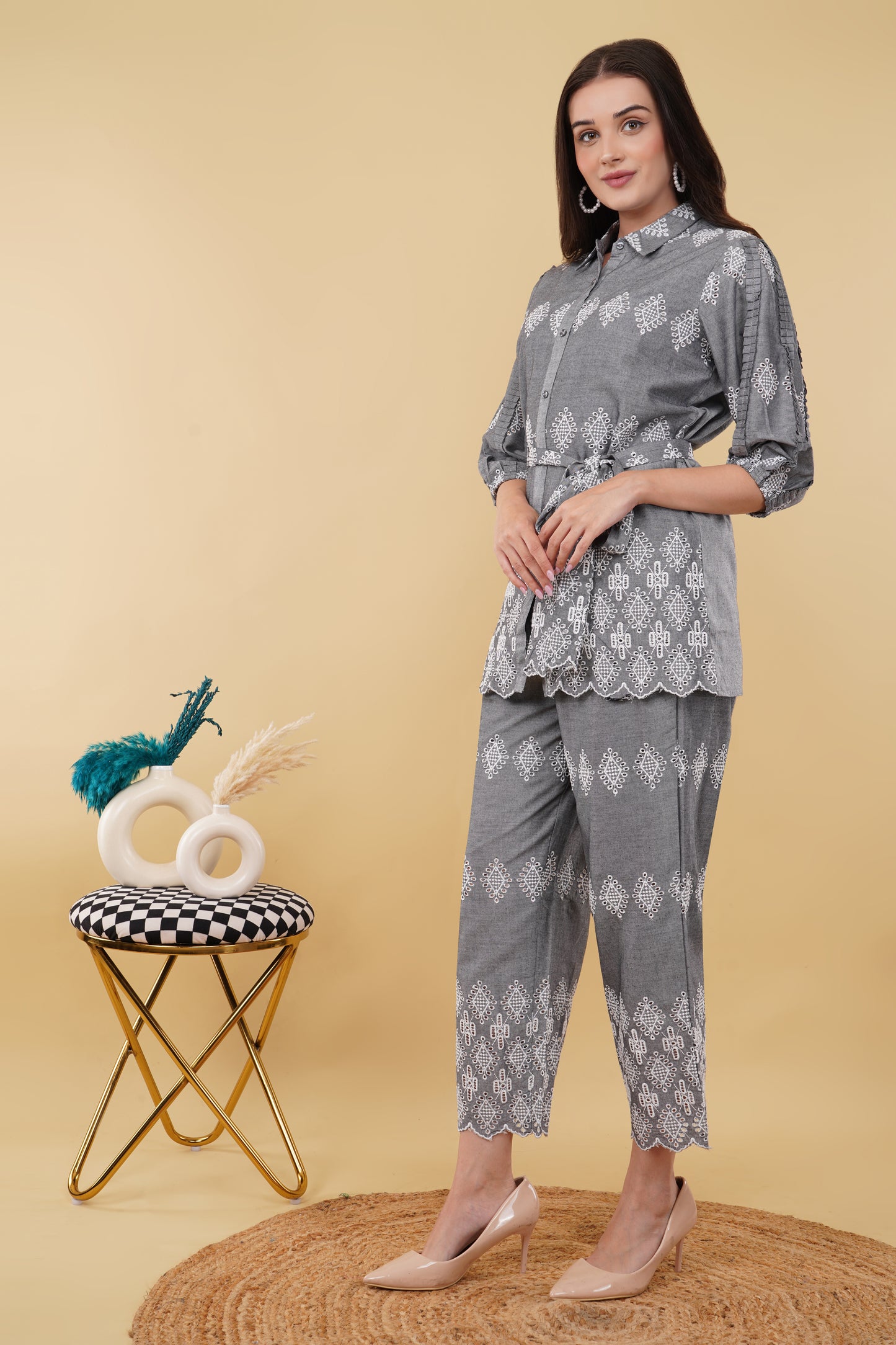 Grey Schiffli Co-ord Set