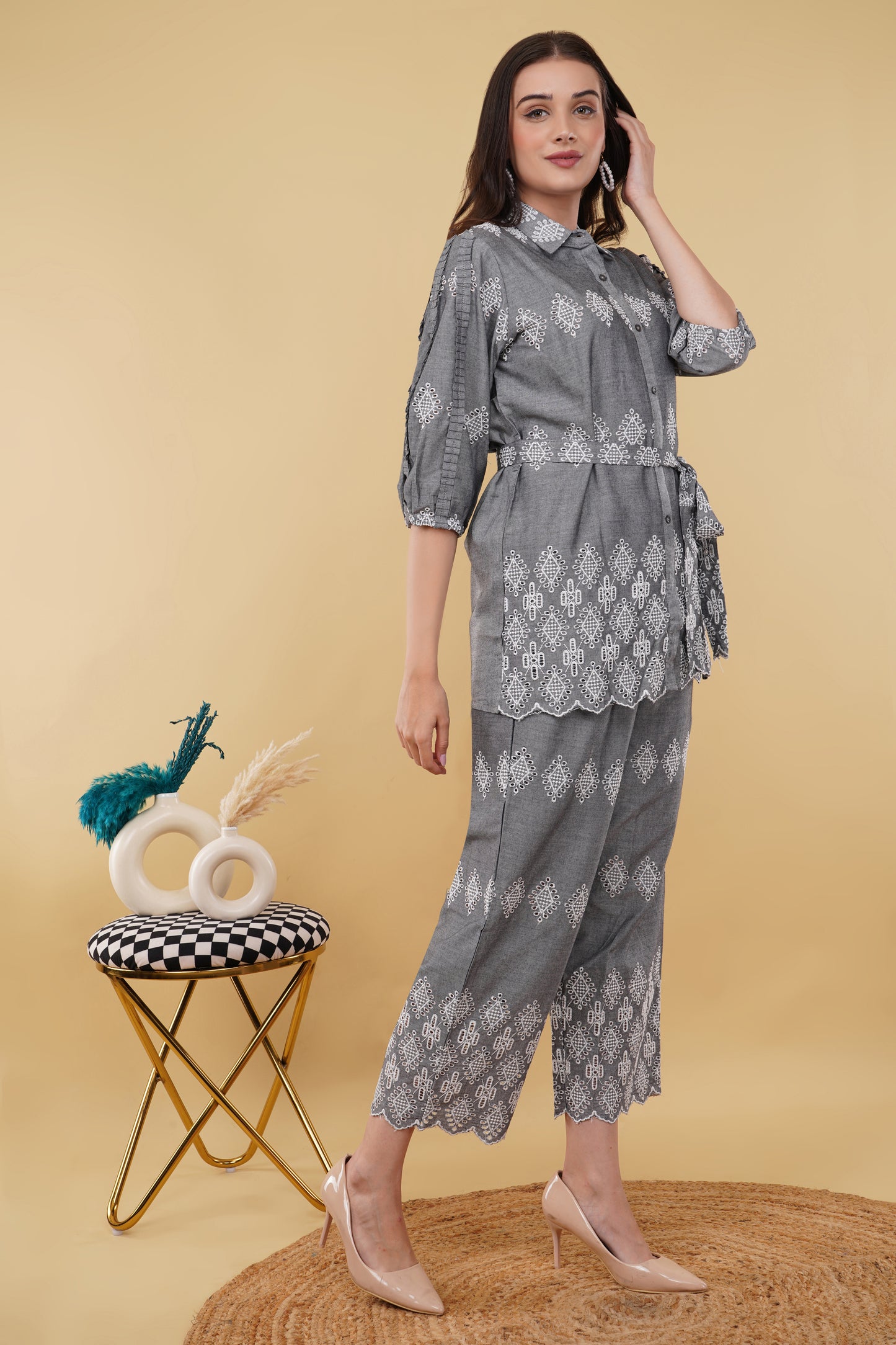 Grey Schiffli Co-ord Set