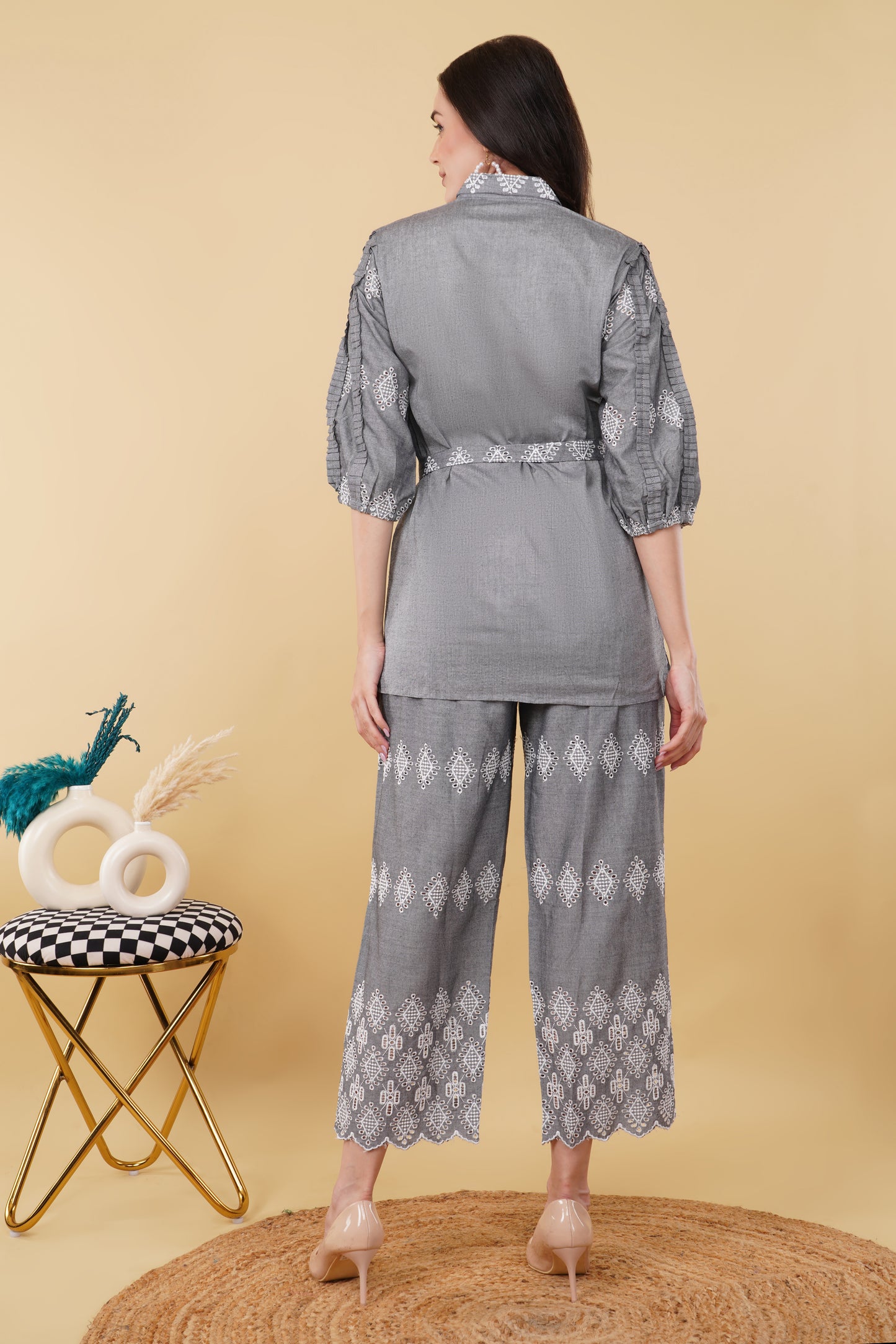 Grey Schiffli Co-ord Set