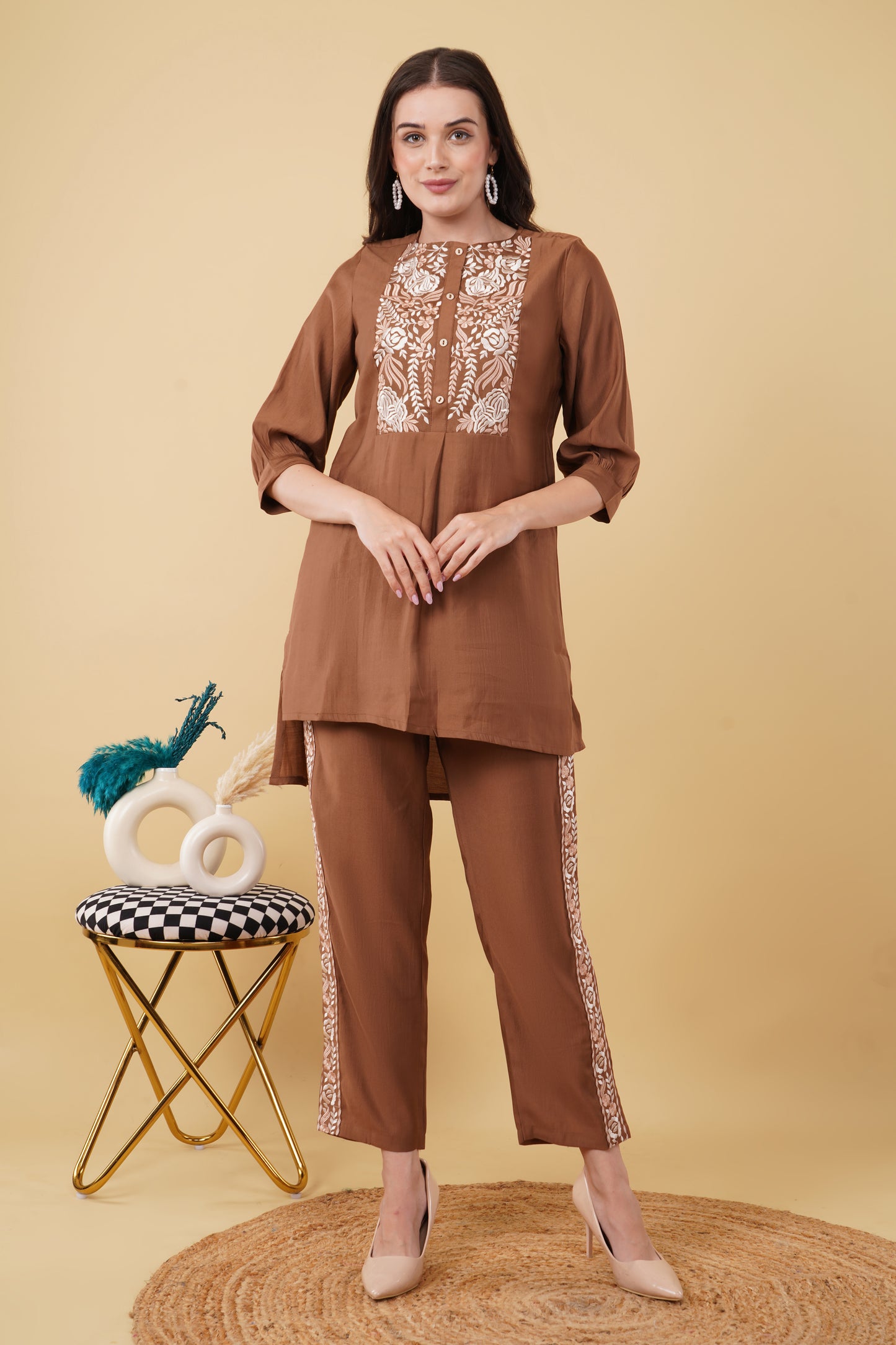 Brown Embroidered Co-ord Set