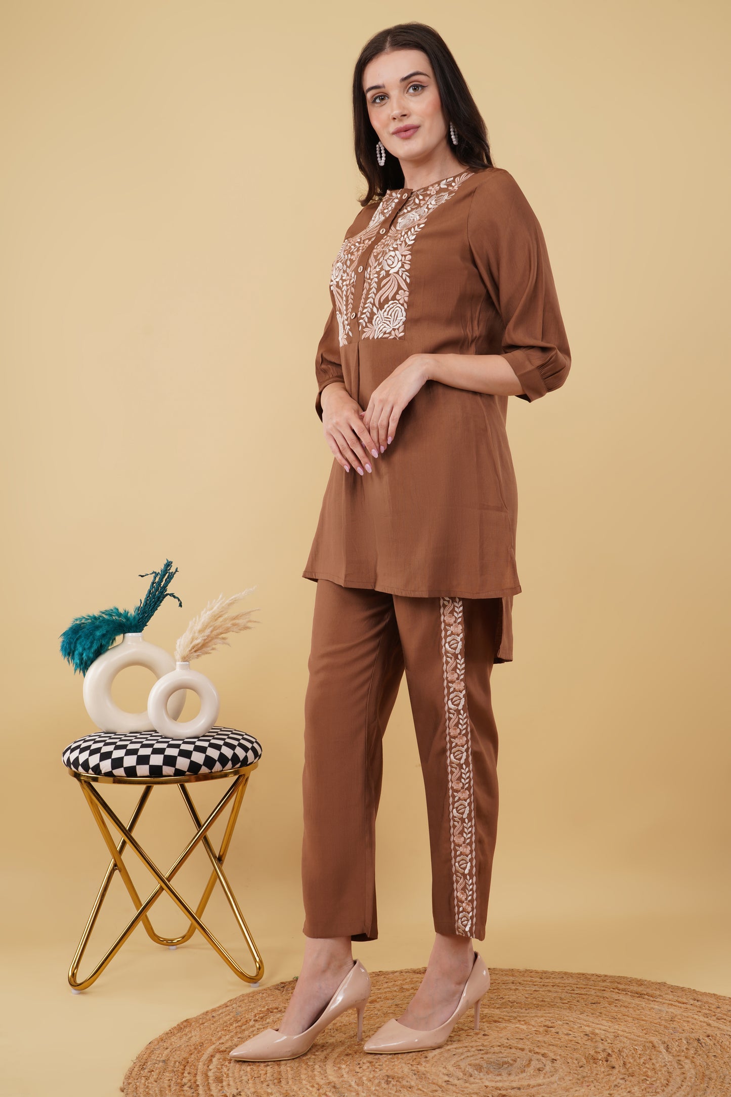 Brown Embroidered Co-ord Set