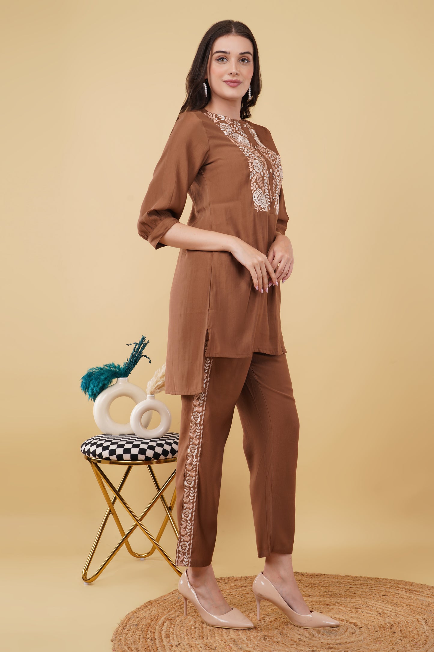 Brown Embroidered Co-ord Set