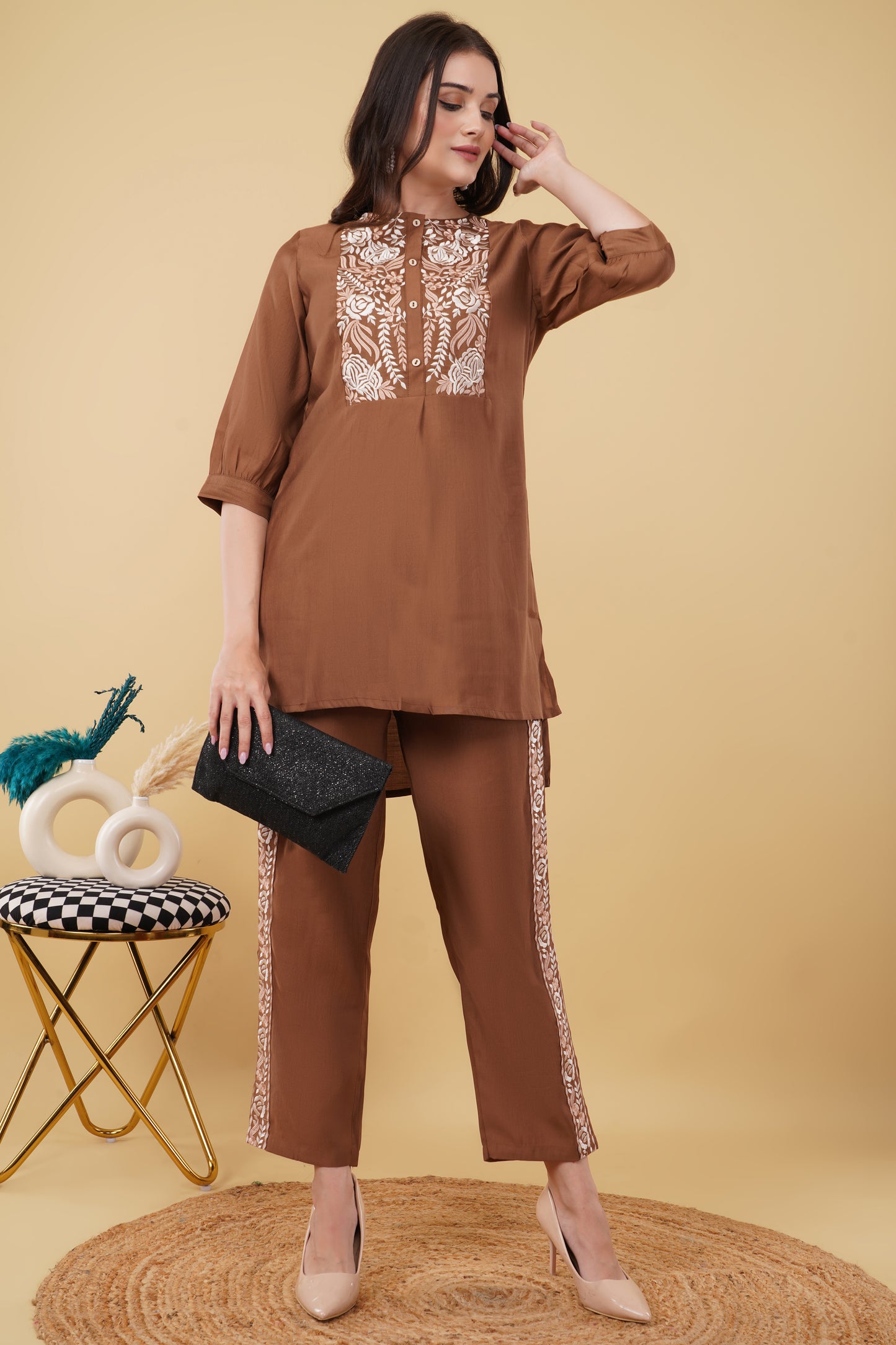 Brown Embroidered Co-ord Set